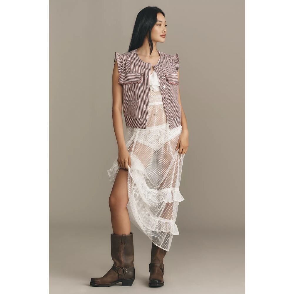 Anthropologie Pilcro Nautique Striped Utility Denim Ruffle Blouse Vest Size XXS